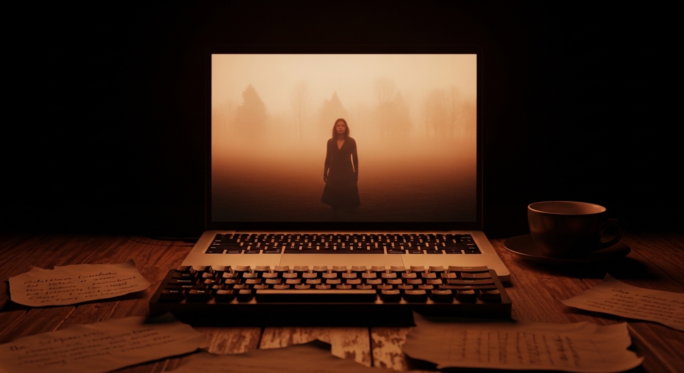 A filmmaker's desk at night with a glowing laptop showing a cinematic scene