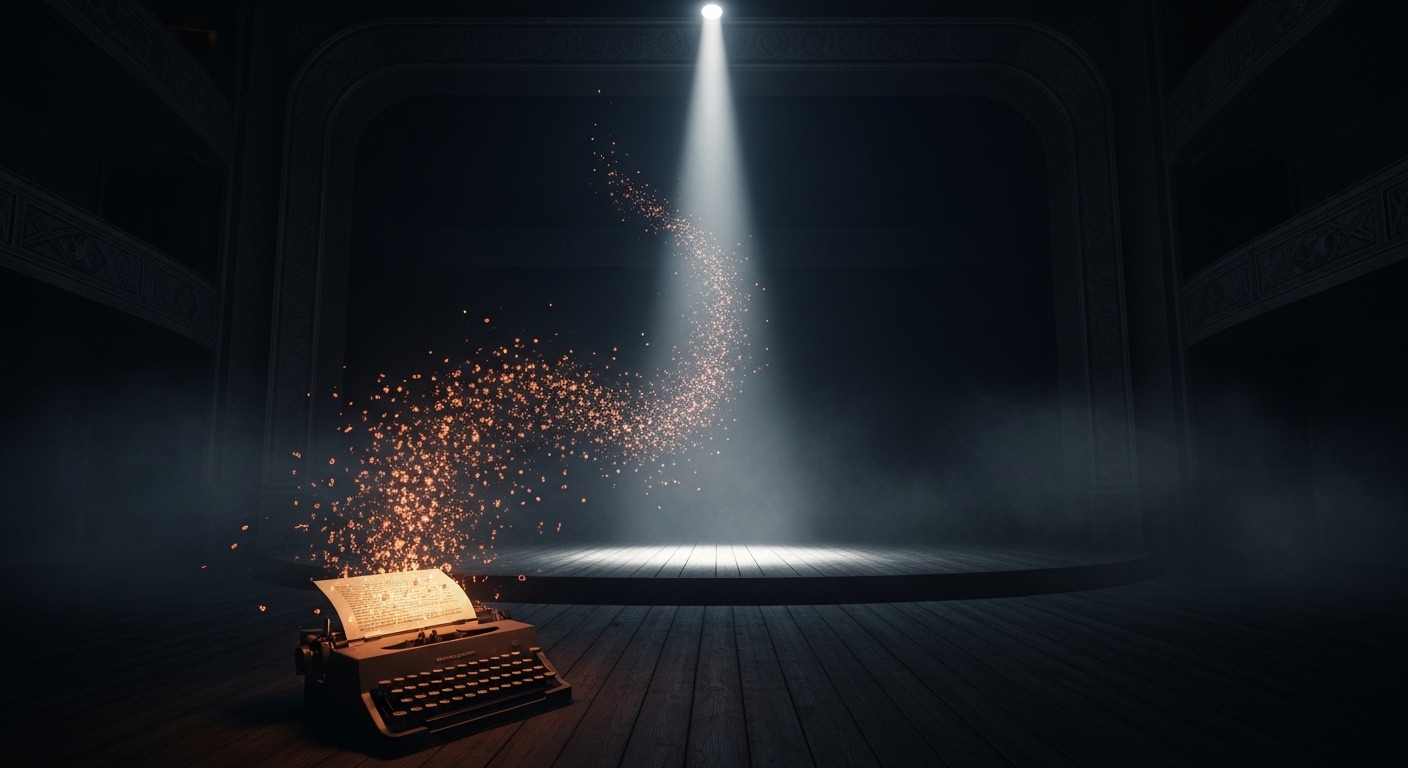 An empty theatre stage under a single spotlight, a typewriter in the foreground with glowing amber embers rising toward the light
