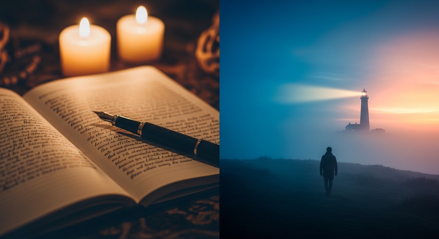 Handwritten story journal blending into a cinematic film frame — a silhouette approaching a lighthouse